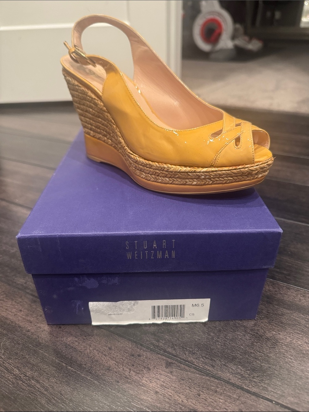 Stuart Weitzman Yellow Leather Espadrille Wedge Slingbacks